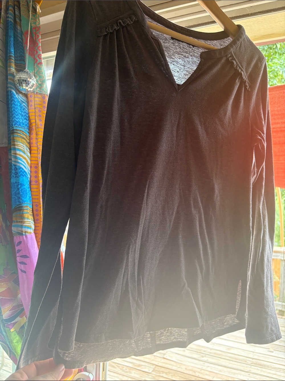 Prana Womens High Low Long Sleeve Shirt with Ruffly Detail